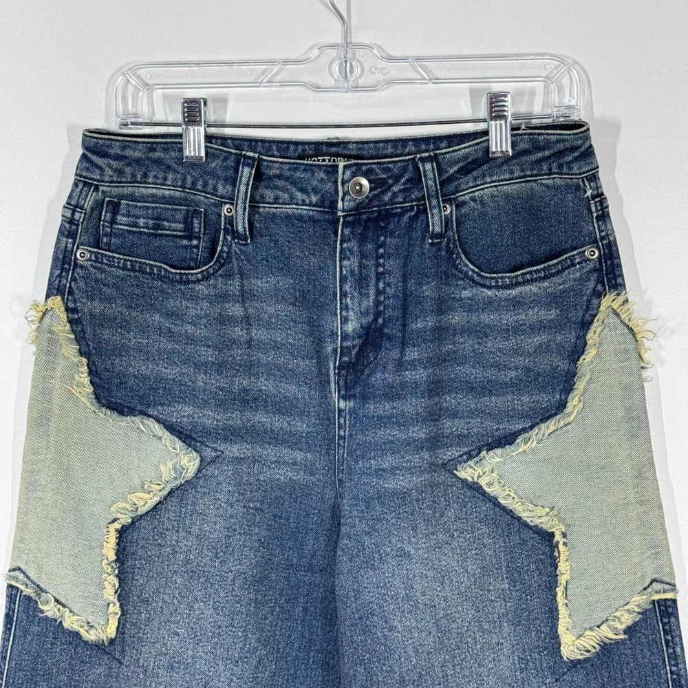 Hot Topic Jeans Sz 9 Wide Leg Two Tone Star Patch Y2K Denim Festival Goth Baggy